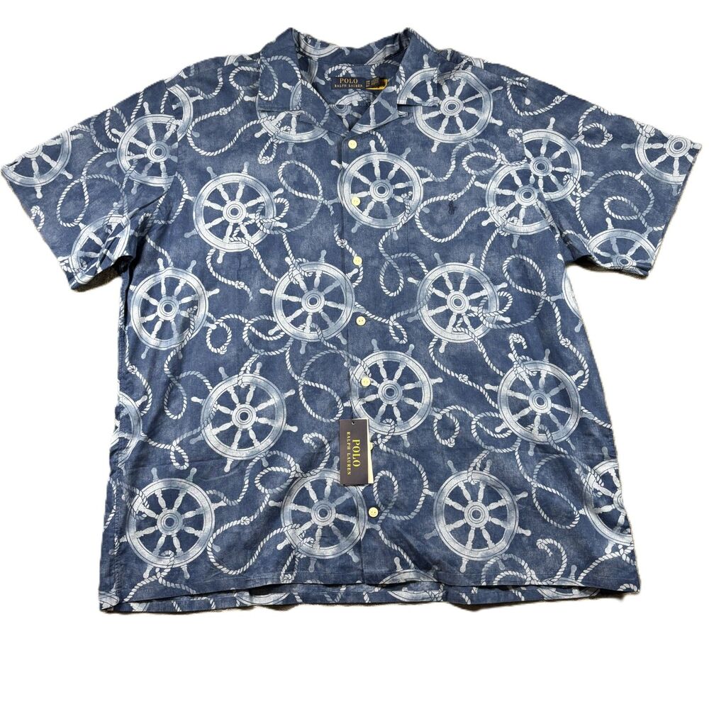 Polo Ralph Lauren NWT Men Camp Shirt Nautical Wheel Print Linen Blend 2XB L251